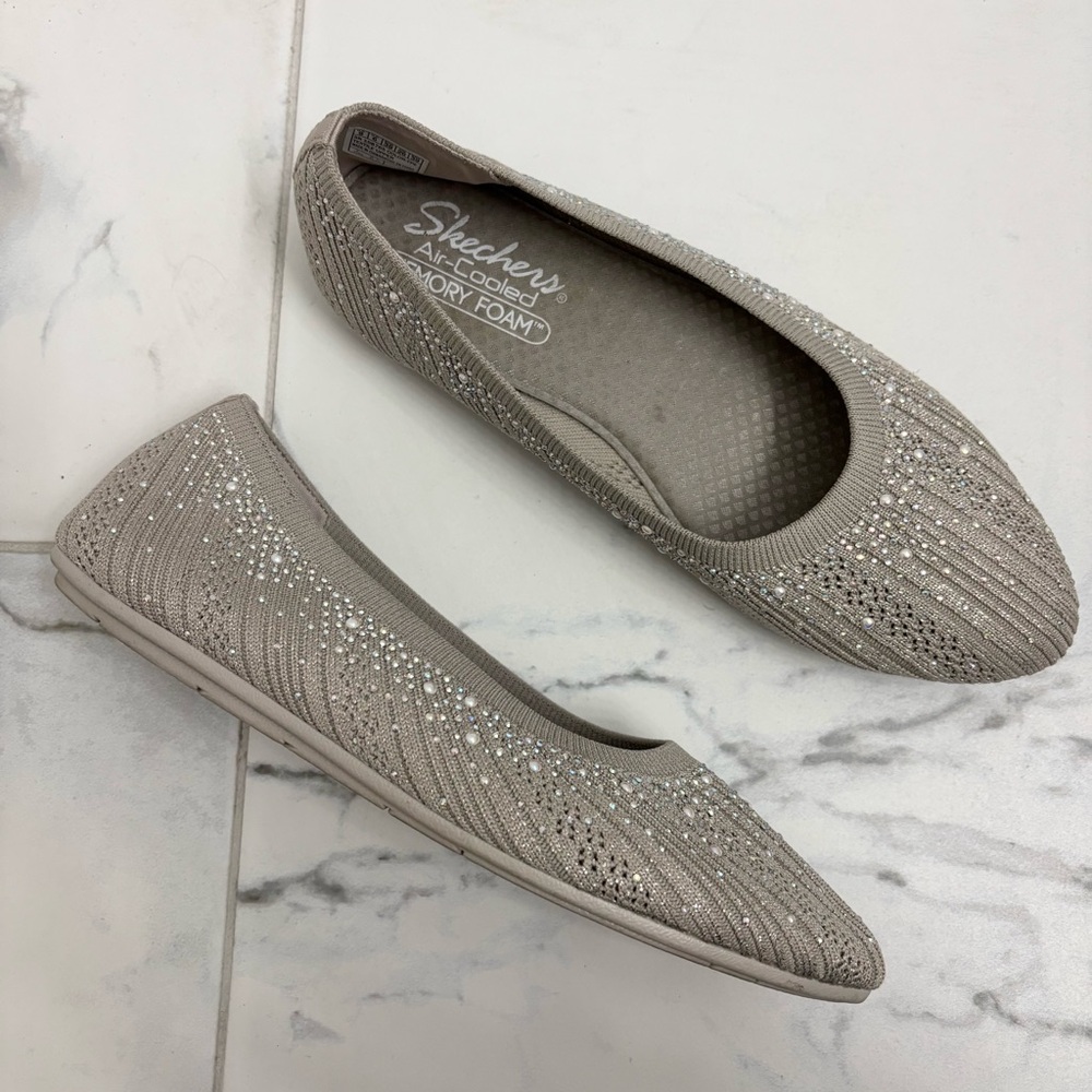 Skechers Cleo 2.0 Glitzy Daze Flat Taupe 9 Stretch Knit Ballet Bejeweled Comfort
